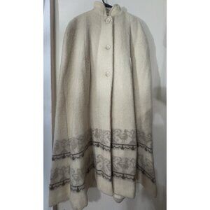 ALAFOSS Icewool Wool Button cape trench Ivory Size L made Iceland Vintage birds
